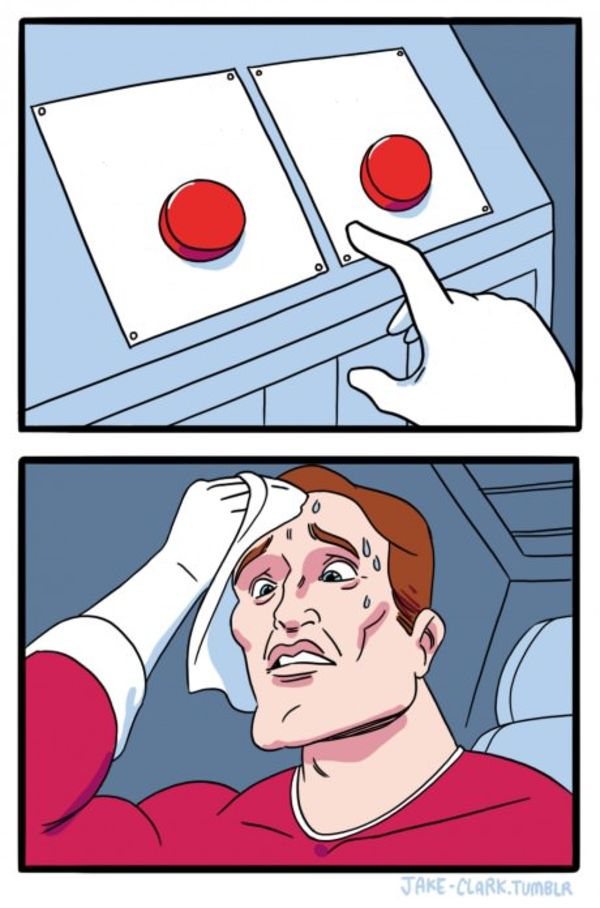 Two Buttons meme about Hylo Athletics