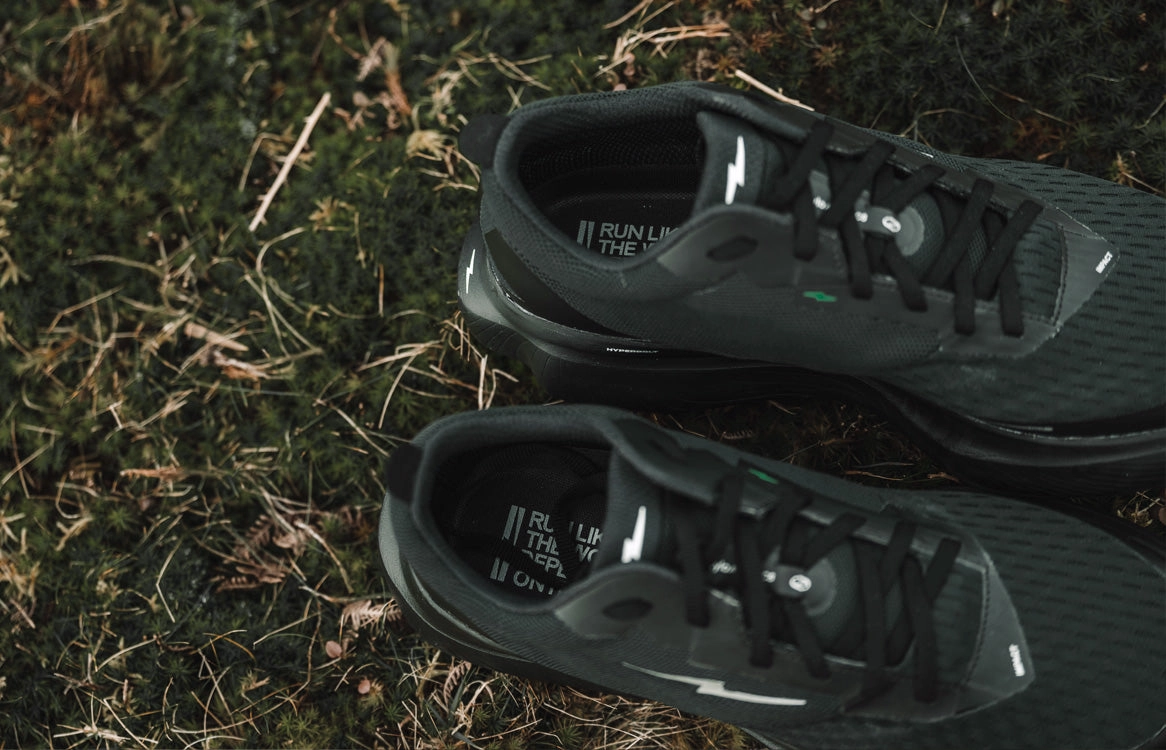 A dark pair of hylo shoes lying on moorland grass
